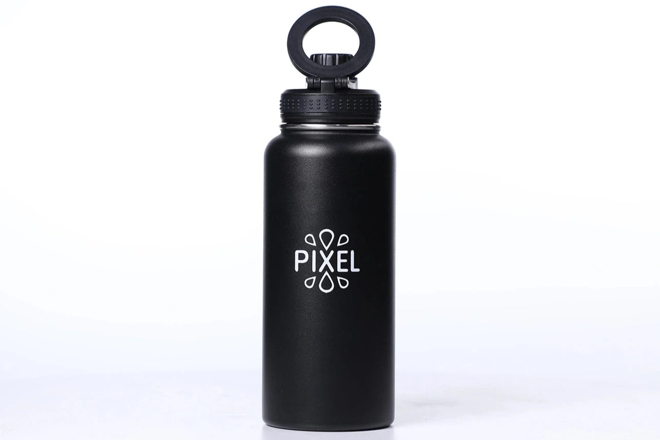 A matte black Obsidian Black water bottle with a cap, on a white background.