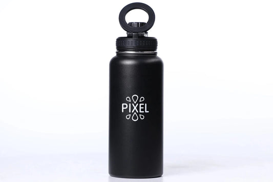 A matte black Obsidian Black water bottle with a cap, on a white background.