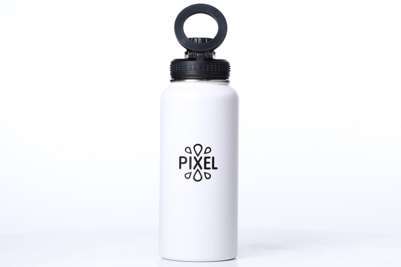 A white water bottle with a black magnetic lid, featuring the brand 'Pixel' printed on the front.