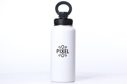 A white water bottle with a black magnetic lid, featuring the brand 'Pixel' printed on the front.