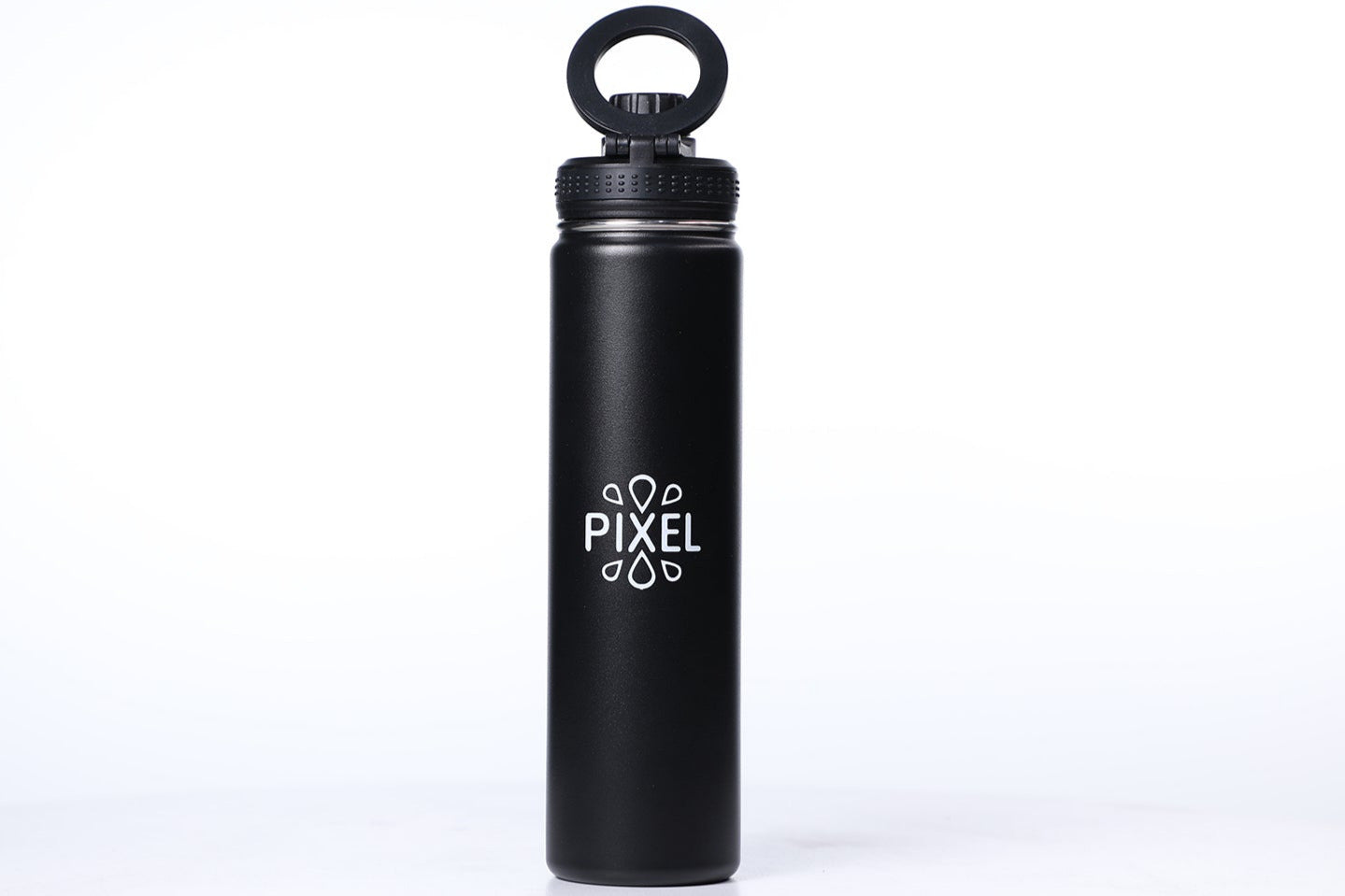 A matte black Obsidian Black Pixel water bottle with a magnetic lid, displayed against a white background.