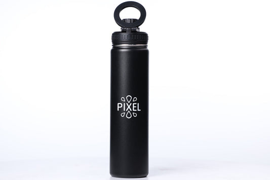 A matte black Obsidian Black Pixel water bottle with a magnetic lid, displayed against a white background.
