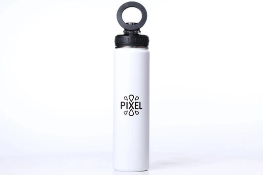 A white water bottle with a black magnetic lid and a logo on the front. It is placed against a white background.